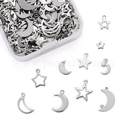 200Pcs 10 Style 304 Stainless Steel Charms, Moon & Star, Stainless Steel Color, 20pcs/style