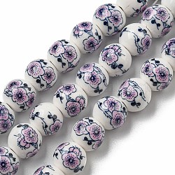 Chapelets de perles en céramique imprimées de fleurs manuelles, ronde, Prune, 10mm, Trou: 2mm, Environ 35 pcs/chapelet, 13.5 pouce