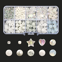 Kit di ricerca per la creazione di gioielli con perline fai da te, tra cui imitazione gemma e crepitio e cuore e stella e perle rotonde in acrilico e vetro, bianco, 4~10x3~9mm, Foro: 1~2 mm, 711pcs/scatola