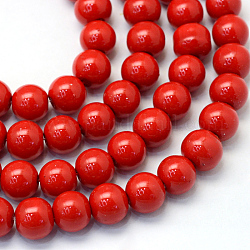 Backen gemalt pearlized Glasperlen runden Perle Stränge, rot, 8~9 mm, Bohrung: 1 mm, ca. 105 Stk. / Strang, 31.4 Zoll