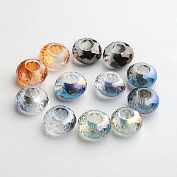 98 граненый гальваническим стеклянные европейские шарики, бусины с большим отверстием, Без металлического сердечника, рондель, разноцветные, 14x8 мм, отверстие : 5 мм