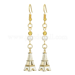 Orecchini pendenti torre eiffel in lega smaltata con perle finte e perline, orecchini pendenti lunghi dorati con perni in ferro, bianco, 64x9mm