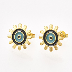 Brass Stud Earrings, with Enamel and Ear Nuts, Sun with Evil Eye, Black, 14mm, Pin: 0.8mm