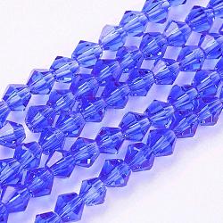Abalorios de vidrio de bicone de azul facetados, 4x4mm, agujero: 1 mm, aproximamente 88~89 pcs / cadena, 12.99~13.39 pulgada