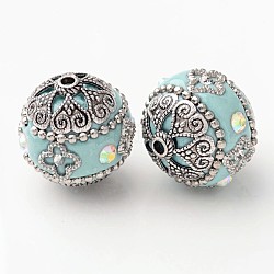 Handmade Grade A Rhinestone Indonesia Beads, with Alloy Antique Silver Metal Color Cores, Round, Pale Turquoise, 20mm, Hole: 2mm