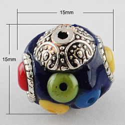 Handmade Indonesia Beads, with Alloy Cores, Round, Antique Silver, Prussian Blue, 15x15x15mm, Hole: 2mm