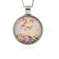 Antique Silver Tone Alloy Glass Pendants, Flat Round, Colorful, 36.5x28x7~8mm, Hole: 5x4mm