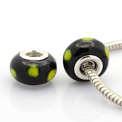 Handmade Lampwork European Large Hole Rondelle Beads, with Silver Plated Brass Double Cores, Black, 14x9mm, Hole: 5mm