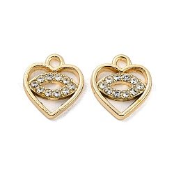 UV Plating Alloy Rhinestone Pendants, Heart with Horse Eye Charms, Golden, 13x11.5x2mm, Hole: 1.6mm