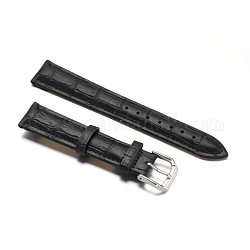 Bracelets de montres en cuir, avec fermoirs en 304 acier inoxydable, noir, 98~120x18x4~5mm