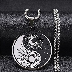 304 colliers pendentif yin yang émaillé en acier inoxydable avec soleil et lune, chaînes de boîte colliers pour femmes hommes, couleur inoxydable, 23.46 pouce (59.6 cm)