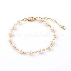 Bracciali con perline di perle naturali per bambini, con fermagli di chele di aragosta in ottone dorato, bianco, 6-1/4 pollice (16 cm)