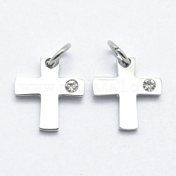316 Surgical Stainless Steel Tiny Cross Charms, with Cubic Zirconia, Long-Lasting Plated, Clear, Stainless Steel Color, 12x11x2mm, Hole: 3mm