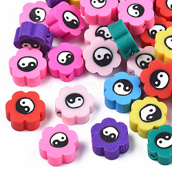 Handmade Polymer Clay Beads, Flower with Yin Yang, Mixed Color, 9.5~10.5x10x4.5mm, Hole: 1.5mm