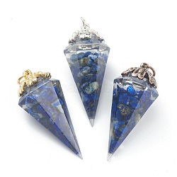 Resin Pointed Pendants, with Natural Lapis Lazuli Inside and Brass Findings, Faceted, Cone/Spike/Pendulum, 43.5x17x19.5mm, Jump Ring: 6x1mm, 4mm Inner Diameter