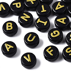 Undurchsichtigen schwarzen Acryl-Perlen, flache runde mit zufälligen buchstaben, Gelb, 9.5x6 mm, Bohrung: 2 mm, ca. 1550 Stk. / 500 g