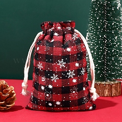 クリスマスをテーマにした黄麻布の巾着バッグ  クリスマスパーティー用品用の長方形のタータンチェックポーチ  レッド  14x10cm
