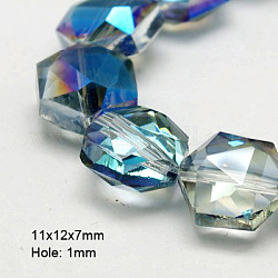 Perline di vetro palccato, mezzo placcato, sfaccettato, esagono, blu, 11x12x7mm, Foro: 1 mm