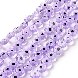 Hechos a mano del mal de ojo Lampwork plana redonda bolas de cuentas, púrpura, 8x3.2mm, agujero: 1 mm, aproximamente 49 pcs / cadena, 14.56 pulgada