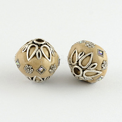 Bicone Handmade Grade A Rhinestone Indonesia Beads, with Alloy Antique Silver Metal Color Cores, Tan, 25x25mm, Hole: 3.5mm