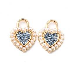 Pendenti strass in lega, con perle di plastica imitazione perla in abs, charms cuore tono dorato, zaffiro chiaro, 18x14x3mm, Foro: 4x4 mm