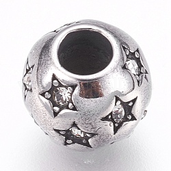 304 Edelstahl europäische Korne, Großloch perlen, mit Strass, Unterlegscheibe mit Stern, Antik Silber Farbe, 10x9 mm, Bohrung: 4 mm