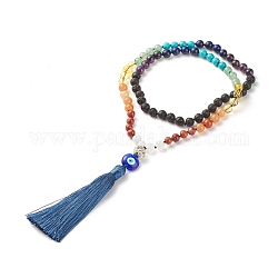 Collier de perles mala pierres précieuses, Mauvais œil au chalumeau avec pompon grand collier pendentif, bijoux de prière de yoga pour femmes, 28.98 pouce (73.6 cm)
