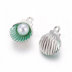 Pendente smaltati in lega, con perline di perla acrilico, guscio, platino, verde, 15x11.5x7mm, Foro: 1.4 mm