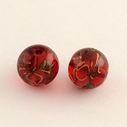 Flower Picture Glass Beads, Round, Dark Red, 12x11mm, Hole: 1.5mm