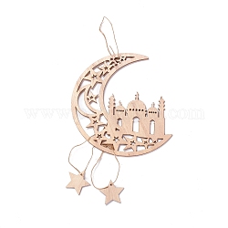 Lune et château ornement pendentif en bois inachevé, pendentif ramadan mubarak eid, avec une corde de chanvre, pour les décorations de fête murales de la maison, blanc antique, 39x41.5x2.5mm, Trou: 3mm