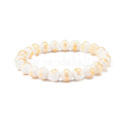Natural Mashan Jade Round Beaded Stretch Bracelet, Gemstone Jewelry for Women, Floral White, Inner Diameter: 2-1/8 inch(5.4cm), Beads: 8.5mm