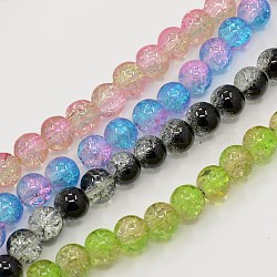 Perlas de vidrio crujido de dos tonos hebras, redondo, color mezclado, 6mm, agujero: 1.3~1.6 mm, aproximamente 133 pcs / cadena, 31.4 pulgada