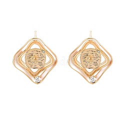 Brass Micro Pave Clear Cubic Zirconia Stud Earring Findings, with Enamel, for Half Drilled Beads, Nickel Free, Rhombus, Real 18K Gold Plated, White, 17.5x16mm, Hole: 1.2mm, Pin: 0.6mm, pin: 0.7mm(for half drilled beads)