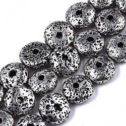 Electroplate Synthetic Lava Rock Beads Strands, Bumpy, Flat Round, Platinum Plated, 14x6mm, Hole: 1.2mm, about 28pcs/strand, 15.16 inch(38.5cm)