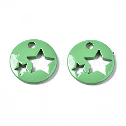 Spruzzare fascino ottone verniciato, piatta e rotonda con stella, verde mare medio, 14.5x14.5x2.5mm, Foro: 2 mm