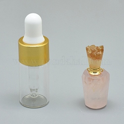 Pendentifs de bouteille de parfum ouvrants en quartz rose naturel, avec des accessoires en laiton et des bouteilles d'huile essentielle en verre, 30~35x13~15mm, Trou: 0.8mm, capacité de la bouteille en verre : 3 ml (0.101 fl. oz), capacité de pierres précieuses: 1 ml (0.03 fl. oz)