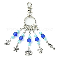 Alloy Fish/Starfish/Shell/ Sea Turtle/Sea Houre Pendant Decoration, with Acrylic/Glass Bead and Alloy Lobster Claw Clasps, Antique Silver, 12.4cm