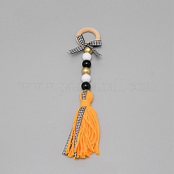 Decorazioni per pendenti con nappe in filato di lana in legno a tema anno senior, con perline in legno, arancione scuro, 250mm