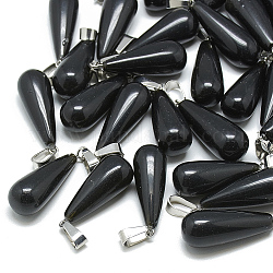 Natürlichen schwarzen Stein-Anhänger, mit Schnappverschlüssen aus Edelstahl, Tropfen, 28~30x10~12 mm, Bohrung: 6x4 mm