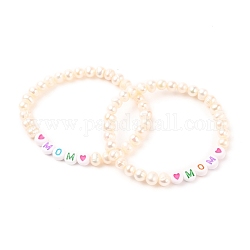 Cadeaux de fête des mères, Bracelets élastiques, avec des perles de perles naturelles et des perles acryliques, mot maman, colorées, diamètre intérieur: 2-1/2 pouce (6.5 cm)