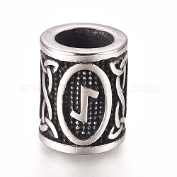 304 perline europei in acciaio inox, perline con foro grande, colonna con rune / futhark / futhor, argento antico, 13.5x10mm, Foro: 6 mm