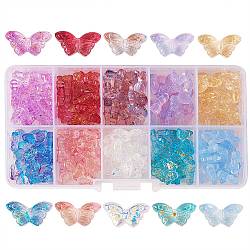 200Pcs 10 Style Transparent Spray Painted Glass Beads, with Glitter Powder, Two Tone, Butterfly, Mixed Color, 8x15x4.5mm, Hole: 1mm, 20pcs/style