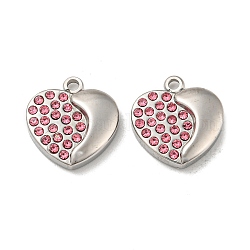 Real 14K Gold Plated 304 Stainless Steel Charms, with Rhinestone, Heart, Light Rose, 13.5x13x3mm, Hole: 1.4mm
