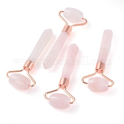 Outils de massage en quartz rose naturel, rouleaux de visage, avec les accessoires en laiton, or rose, 95x40x18mm