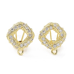 Hollow Rhombus Brass Micro Pave Cubic Zirconia Stud Earrings Finding, with Horizontal Loops, Cadmium Free & Lead Free, Real 18K Gold Plated, 18x15mm, Hole: 1.4mm, Pin: 0.8mm