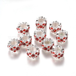 Legierung Schmelz europäischen Perlen, mit Klasse A Strass, Großloch perlen, Kolumne, silberfarben plattiert, rot, 11x6 mm, Bohrung: 5 mm
