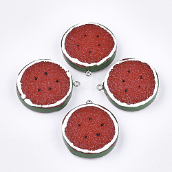 Harzanhänger, mit Platin Zubehör aus Eisen, Imitation Lebensmittel, Wassermelone, rot, 35~37x32~33x9.5~10 mm, Bohrung: 2 mm