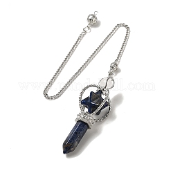 Pendules de radiesthésie en lapis lazuli naturel, avec chaînes en alliage plaqué platine, charme de matraque étoile merkaba, reiki wicca sorcellerie équilibrage pendule pendentif pointu, 310~315mm, Trou: 2mm