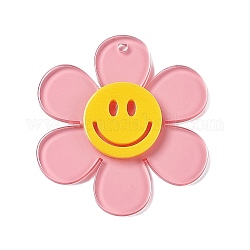 Transparente Acryl große Anhänger, sonnenblume mit lächelndem gesichtszauber, rosa, 55x50.5x6 mm, Bohrung: 2.5 mm