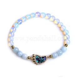 Opalite Stretch Bracelets, with Brass Micro Pave Cubic Zirconia and Paua Shell Findings, Footprint, 6mm